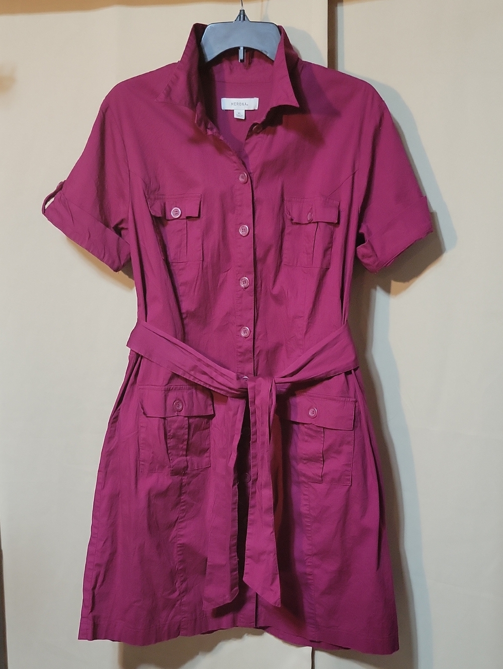 Merona Short-Sleeve Tie-Waist Shirtdress in Deep Magenta